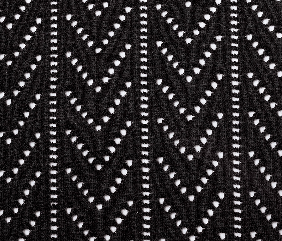 Detailaufnahme eines schwarzen Blusenshirts mit Ajour-Muster.