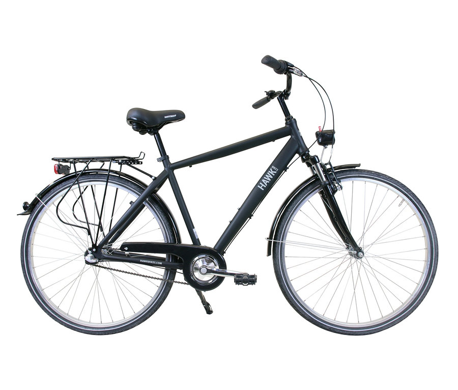 Schwarzes HAWK Bikes Cityrad »Citytrek Gent Premium« mit Gepäckträger und Schutzblechen.