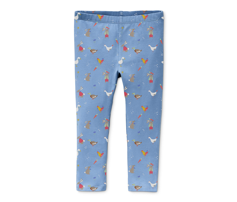 Hellblaue Leggings mit Hasen-, Enten-, Gänse- und Karottenmuster.