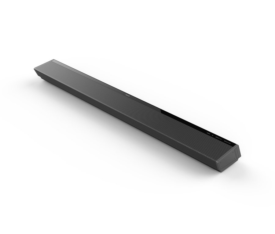 Schwarze Soundbar auf weißem Hintergrund. Die Philips Soundbar 3.1 mit kabellosem Subwoofer »TAB8805/00« liegt diagonal auf einem weißen Untergrund.