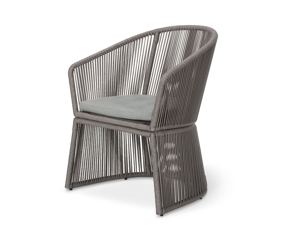 Grauer Dining-Sessel mit Textilgeflecht und grauem Sitzkissen.