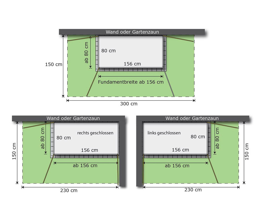 Diagramme von WEKA »Garten Q Teras« in Hellgrau-Weiß und Graphitgrau-Weiß mit Abmessungen.