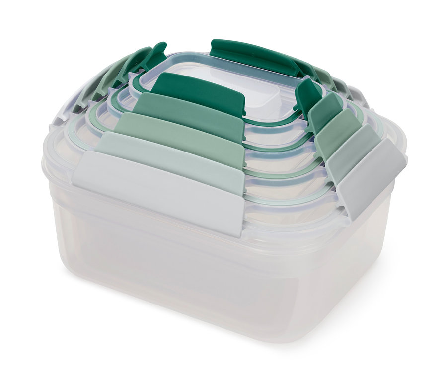 Ein Joseph Joseph Vorratsdosen-Set mit transparenten Behältern und grün gestreiften Deckeln.