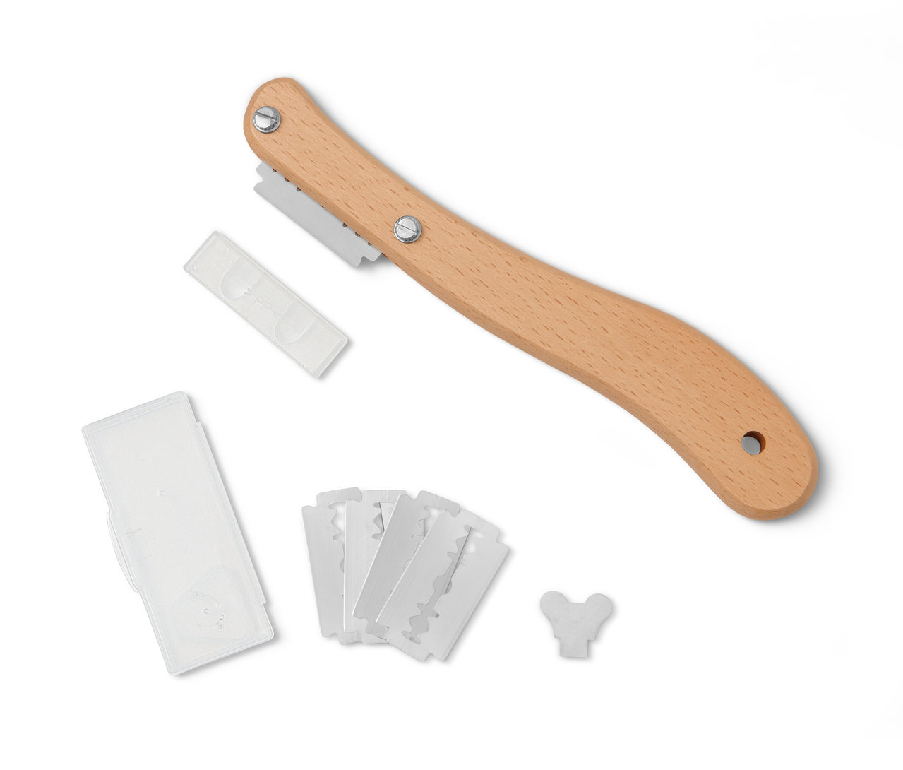 Bäckermesser mit Holzgriff und einem Satz Ersatzklingen.