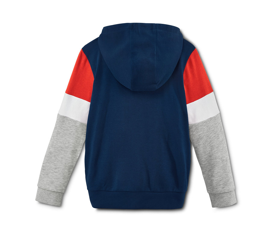 Rückansicht eines Hoodies mit Farbblöcken.