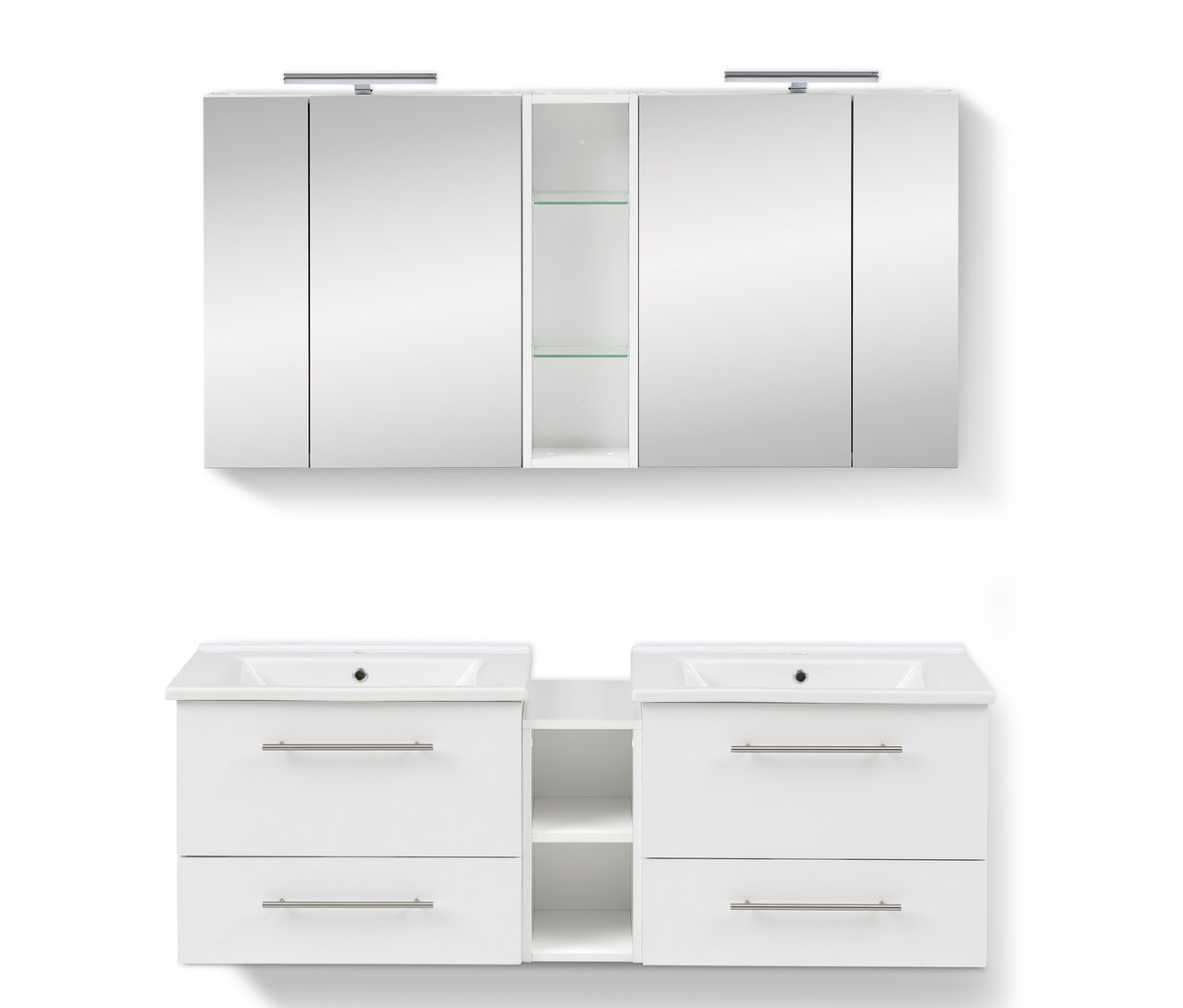 Weißer Doppelwaschtisch »Runa, WT1500« mit Doppelspiegelschrank »Irene«.