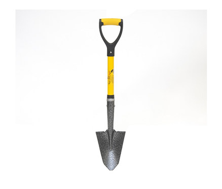 Mittig abgebildet ist eine Gartenschaufel »Spearhead« mit schwarzem Griff und gelbem Haltegriff.