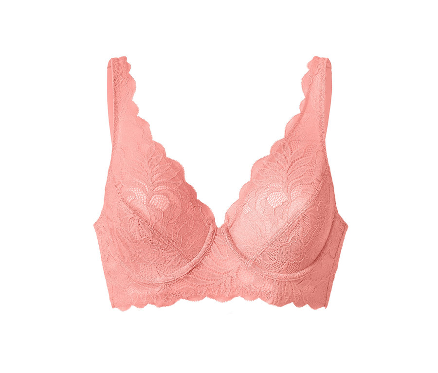 Pfirsichfarbener Bügel-BH mit Blumenmuster-Spitze.
