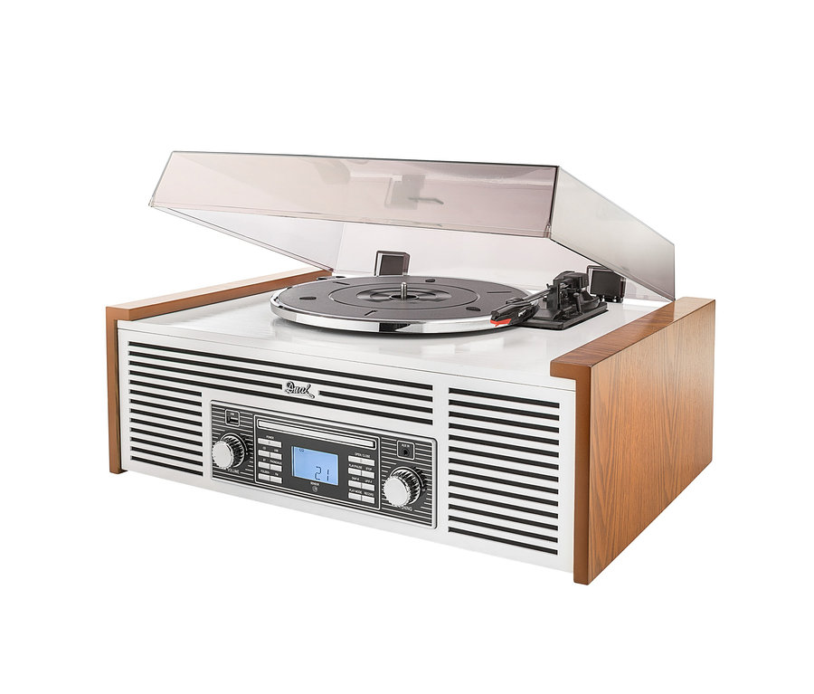 Nahaufnahme der Dual »NR 7« Stereo-Nostalgie-Musikanlage mit Plattenspieler und geöffneter, durchsichtiger Abdeckung.