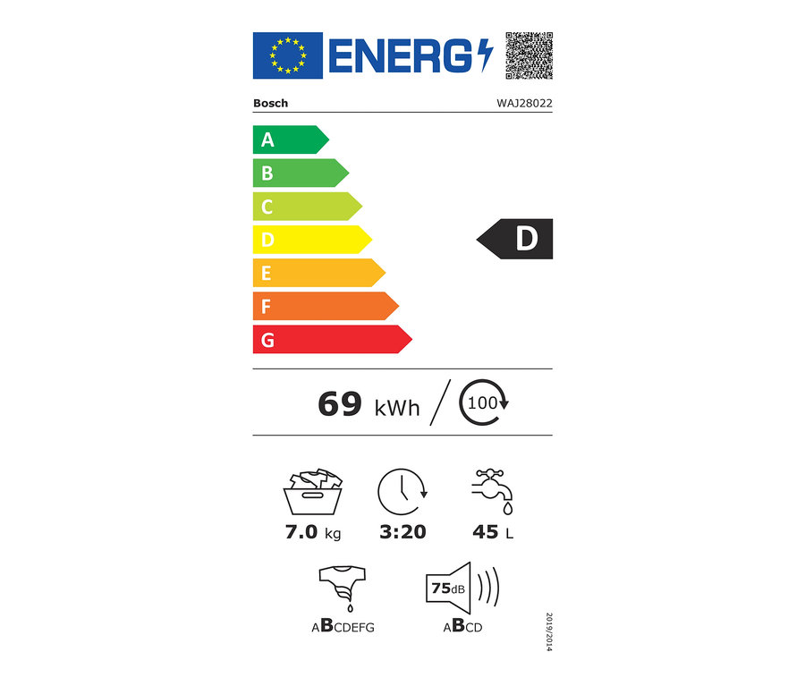 Energielabel der Bosch-Waschmaschine WAJ28022 mit Energieeffizienzklasse D, 69 kWh/100 Zyklen und 75 dB.