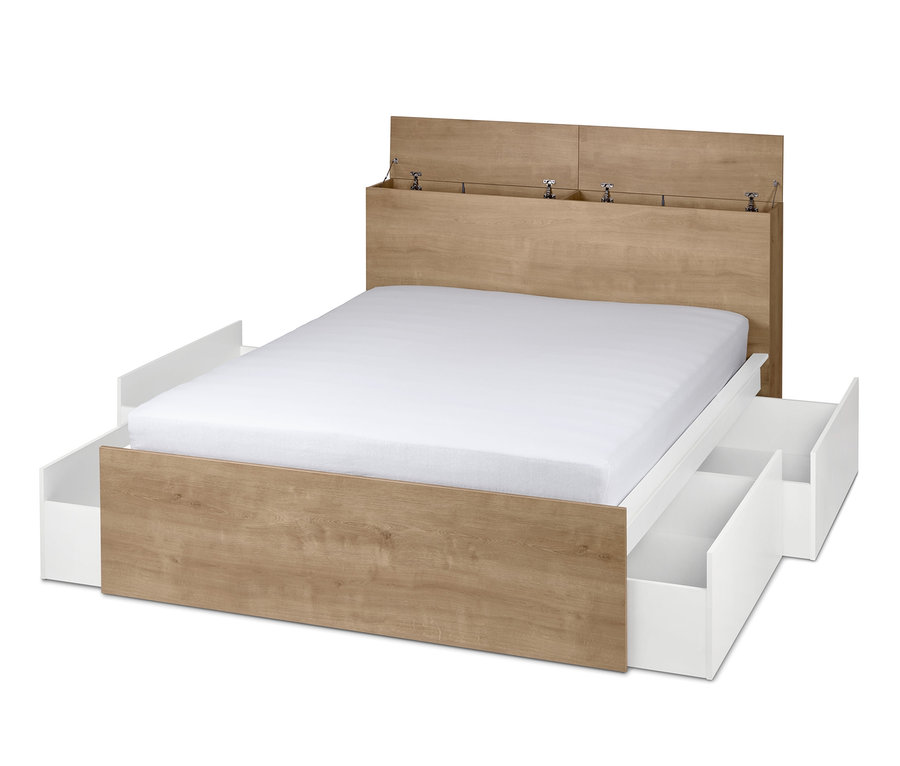 Ein Stauraumbett, ca. 160 x 200 cm, mit Schubladen ist zu sehen.