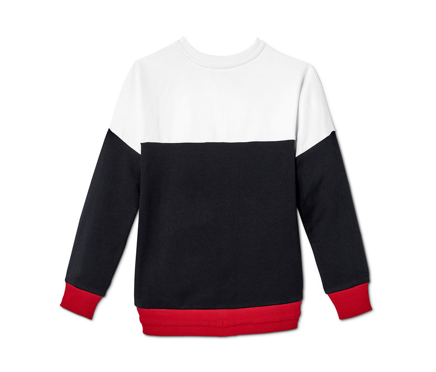 Weiß-schwarz-roter Pullover aus 2-teiliger Sweatkombi.