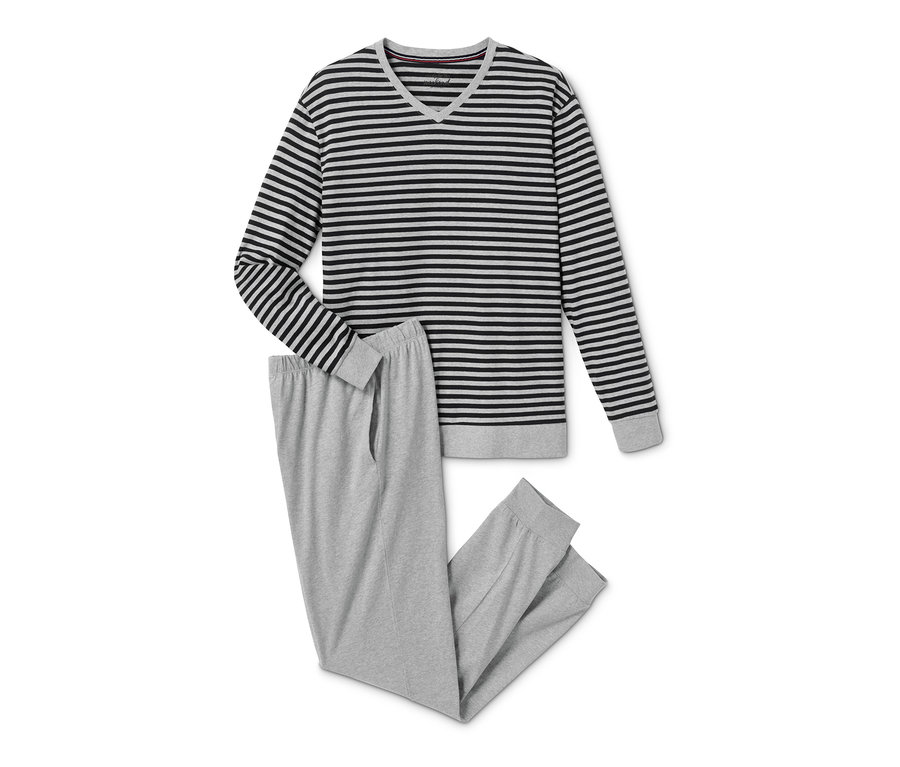 Ein langärmliger Schlafanzug mit schwarzen und grauen Streifen und eine graue Schlafanzughose liegen flach.