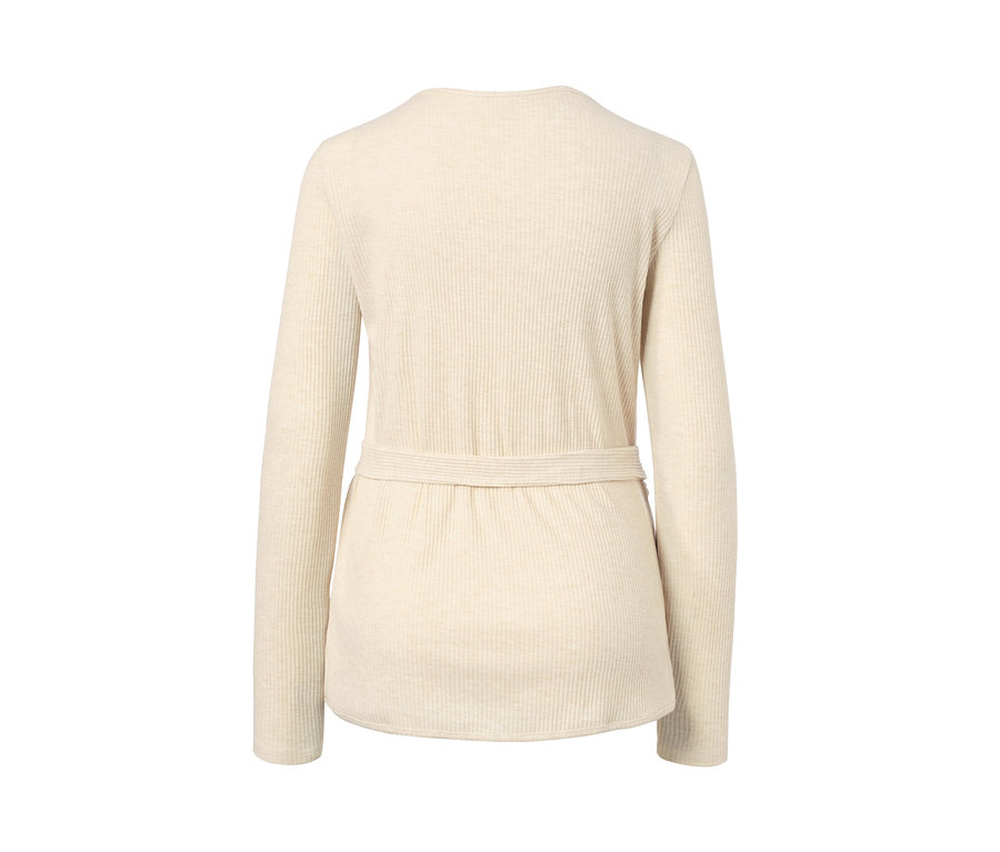 Rückansicht eines cremefarbenen Yoga-Wickel-Cardigans mit Gürtel.