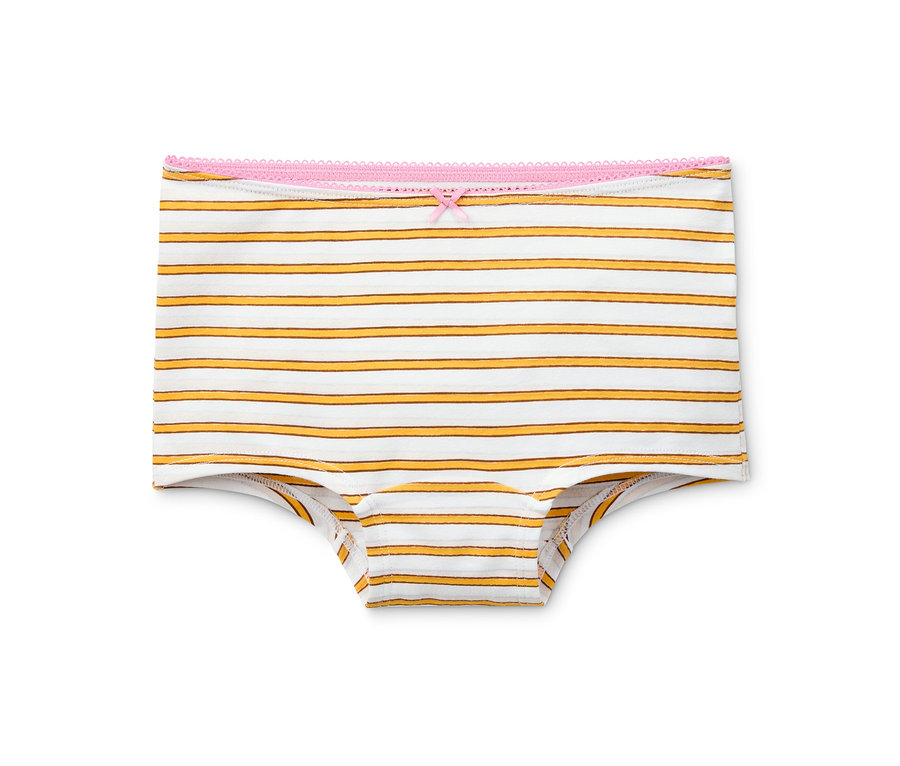 Ein einzelner Mädchen Bio-Baumwollslips mit gelben und braunen Streifen.
