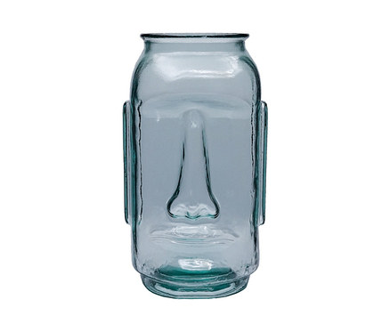 Eine blaue Vase »Viny« in Form eines Kopfes vor einem weißen Hintergrund.