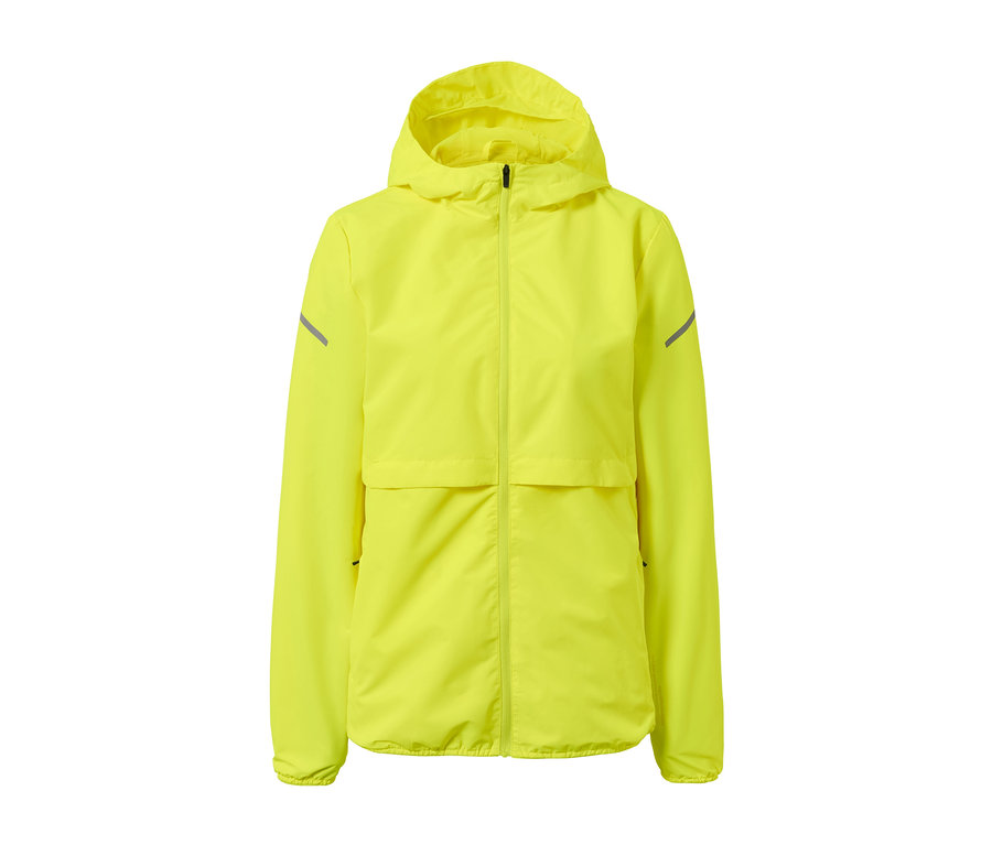 Neongelbe Windprotection-Laufjacke mit Kapuze.