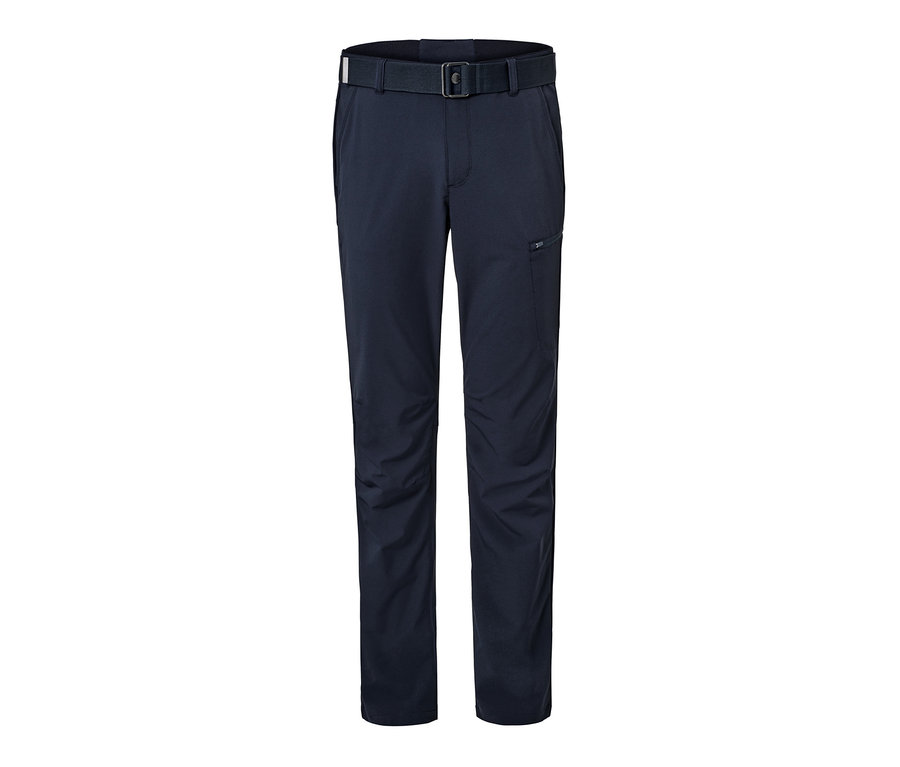 Dunkelblaue Softshell-Outdoorhose mit Gürtel.