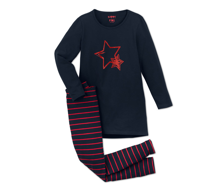 Marineblauer Pyjama mit roten Sternen und gestreifter Hose.