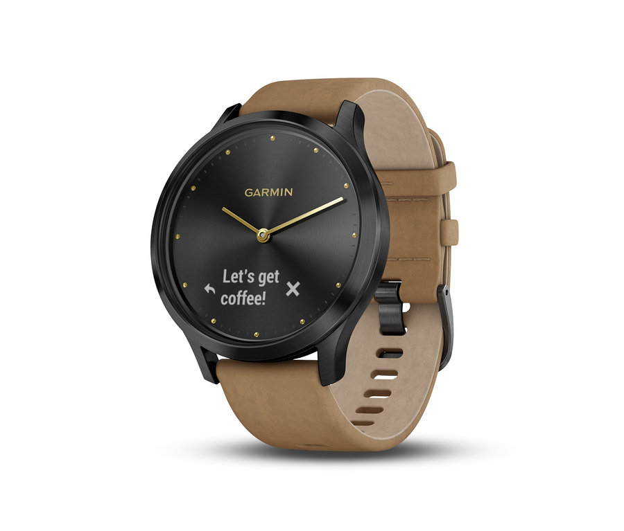 Schwarze Garmin »Vivomove HR Premium« mit braunem Lederarmband zeigt die Nachricht: „Let's get coffee!“
