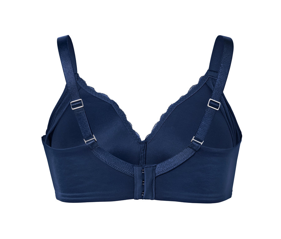 Detailansicht der Rückseite eines dunkelblauen Soft-BHs.