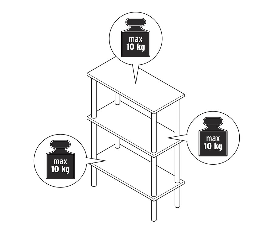 Abbildung eines Standregals. Maximale Belastung 10 kg pro Regalboden.