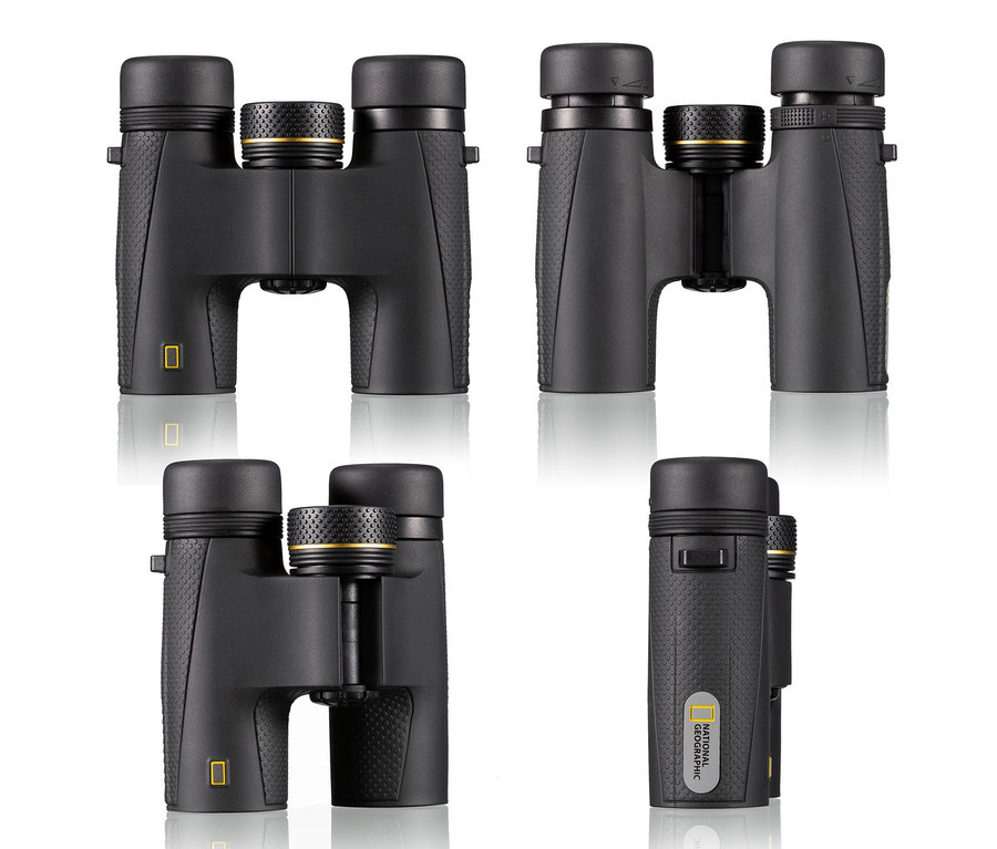 Vier Ansichten eines schwarzen NATIONAL GEOGRAPHIC 10x25-Taschenfernglases mit hochwertigen BaK-4-Prismen.