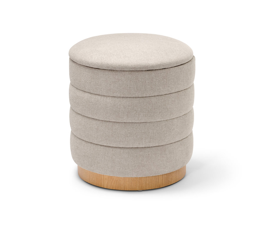 Ein beiger Pouf mit Stauraum.