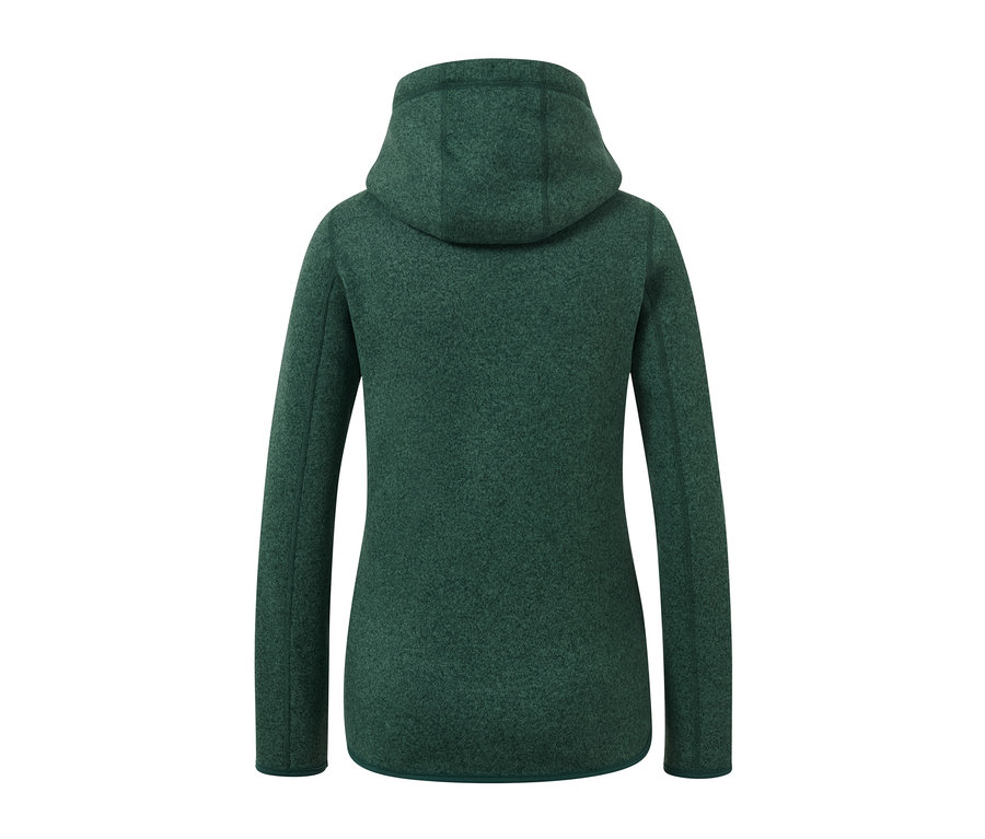 Rückansicht einer grün melierten Kapuzen-Strickfleecejacke.