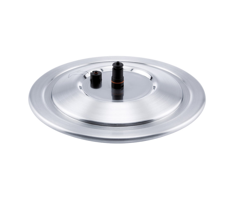 Silberner Deckel mit schwarzen Ventilen.