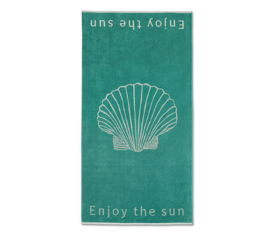Türkisfarbenes XL-Frottier-Badetuch mit Muschelmotiv und dem Schriftzug Enjoy the sun.