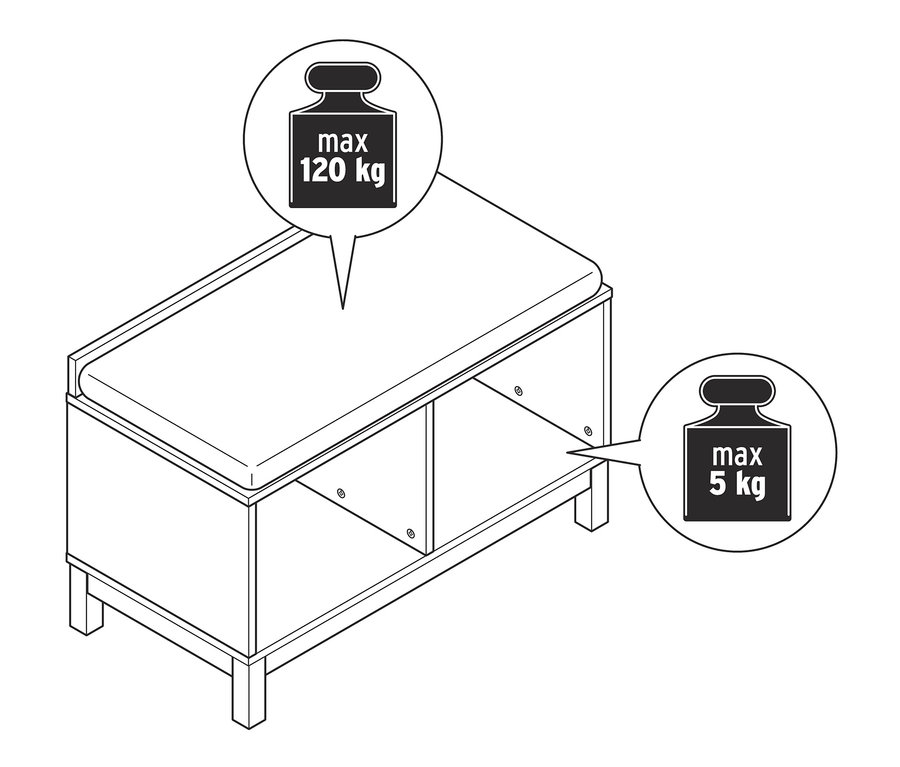 Skizze einer Sitzbank mit Stauraum, maximale Belastung 120 kg auf der Sitzfläche und 5 kg im Stauraum.