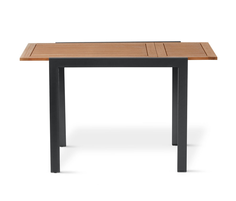 Ausklapptisch, ca. 0,9–1,25 m mit Lamellenplatte und schwarzen Beinen.