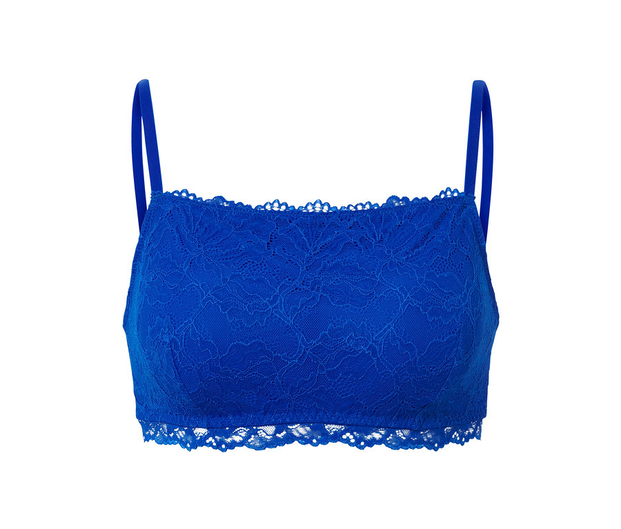 Detailaufnahme von blauem Spitzen-BH.