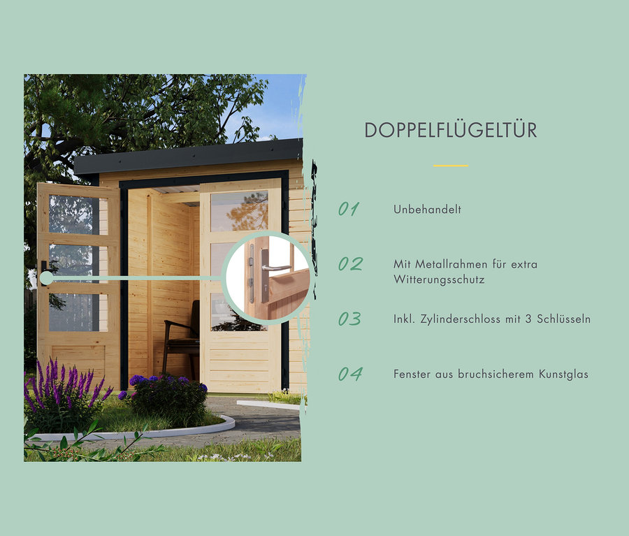 Geöffnetes Karibu Gerätehaus mit Doppelfügeltür und Kunstglasfenstern. Im Hintergrund steht ein Karibu Gerätehaus mit Anbaudach.