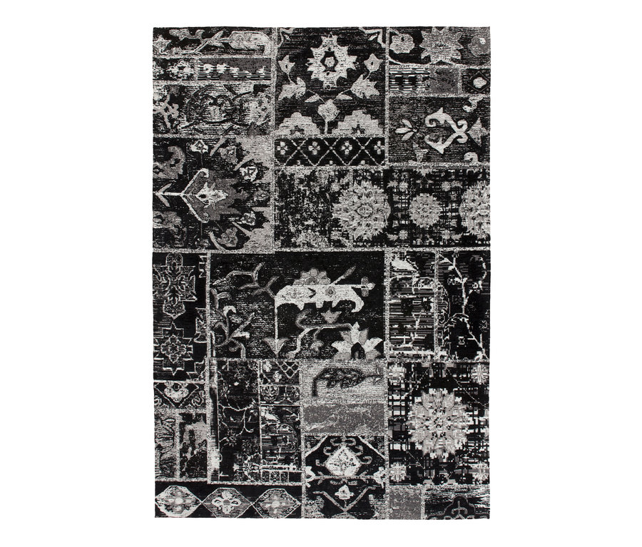 Kayoom Kurzflorteppich "River 150" mit verschiedenen Mustern in Schwarz und Weiß.