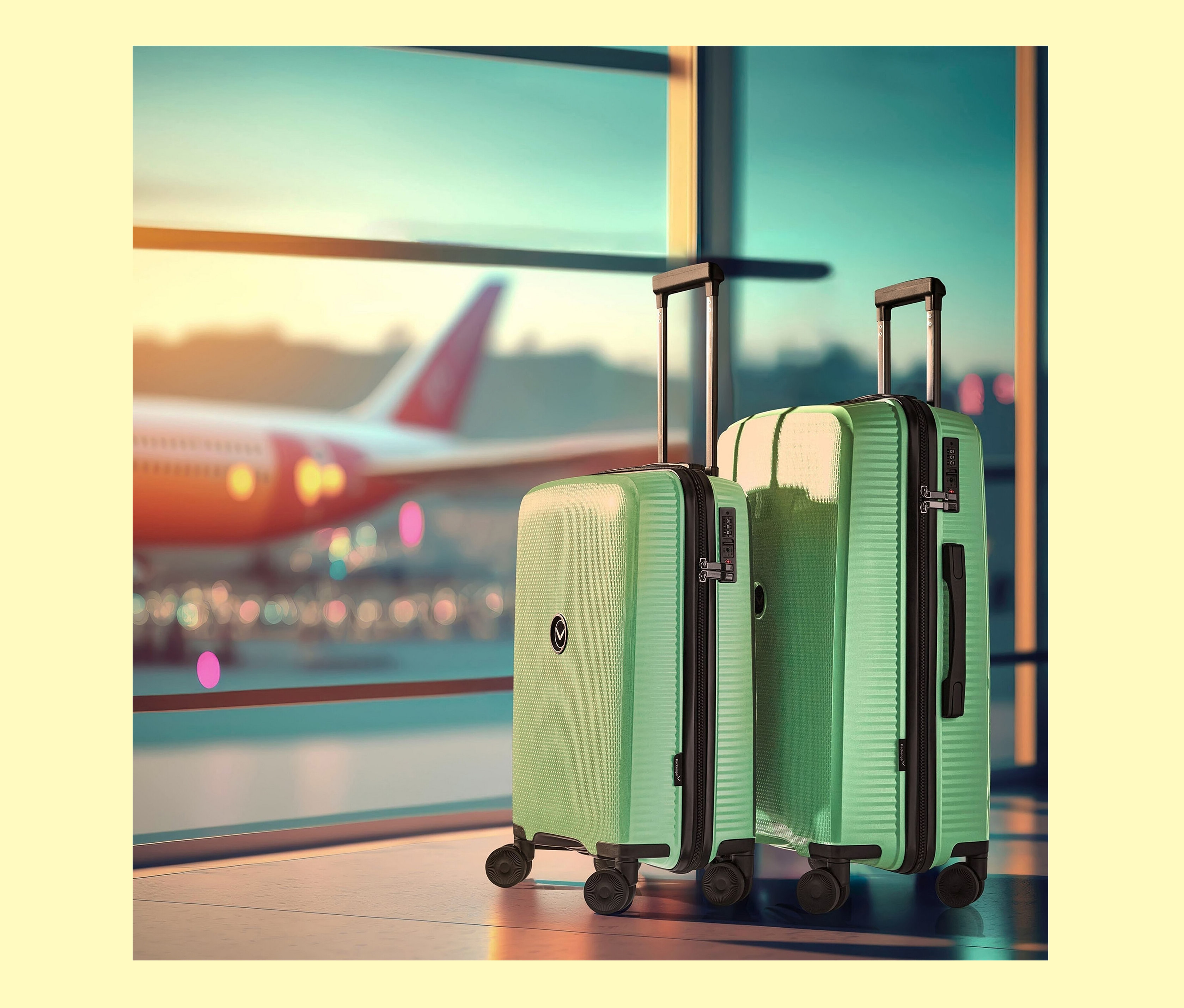 Zwei grüne Packenger Koffer des 3er-Sets »Micario« stehen nebeneinander in einer Flughafenhalle, im Hintergrund ein Flugzeug.