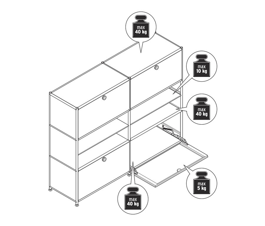 Zeichnung einer Kommode Metall »CN3« mit 4 Klappenfächern. Die maximale Traglast beträgt oben und unten 40 kg, für die Regalböden 10 kg und für die Klappenfächer 5 kg.