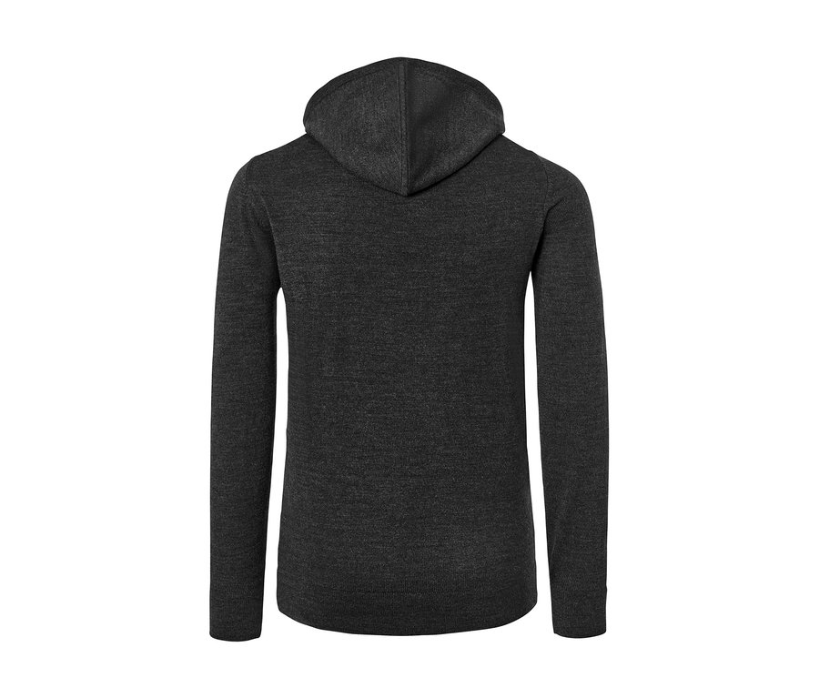 Rückansicht eines Feinstrick-Hoodies.