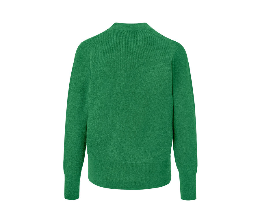 Rückansicht eines grünen Feinstrickpullovers.
