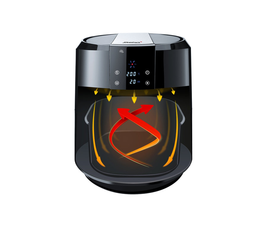 Schwarz-graue Steba Heißluftfritteuse HF 5000 mit Display und Animation der Luftzirkulation.