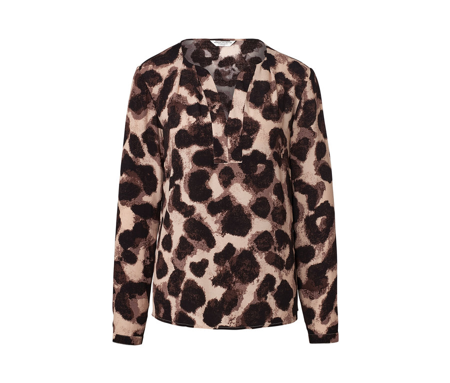 Eine bedruckte Bluse mit tiefem V-Ausschnitt und langen Ärmeln.