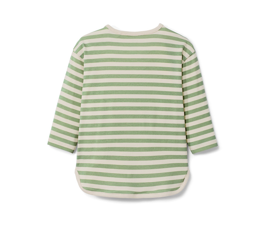 Rückansicht eines Kinder-Langarmshirts mit grünen und cremefarbenen horizontalen Streifen.