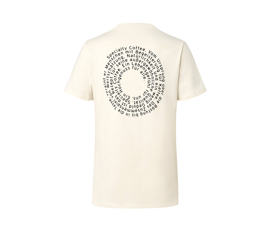 T-Shirt »roasted.« mit Print auf der Rückseite. Auf dem T-Shirt ist ein kreisförmiger Text über Kaffee.