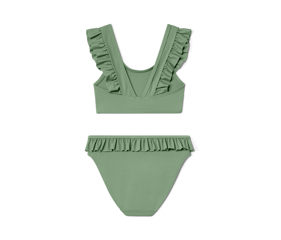 Grünes 4-teiliges Kleinkind-Bikini-Set mit Rüschen, Oberteil und Bikinihose.