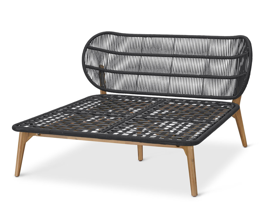 Schwarzes Daybed mit Kopfteil mit Textilgeflecht und Holzbeinen.