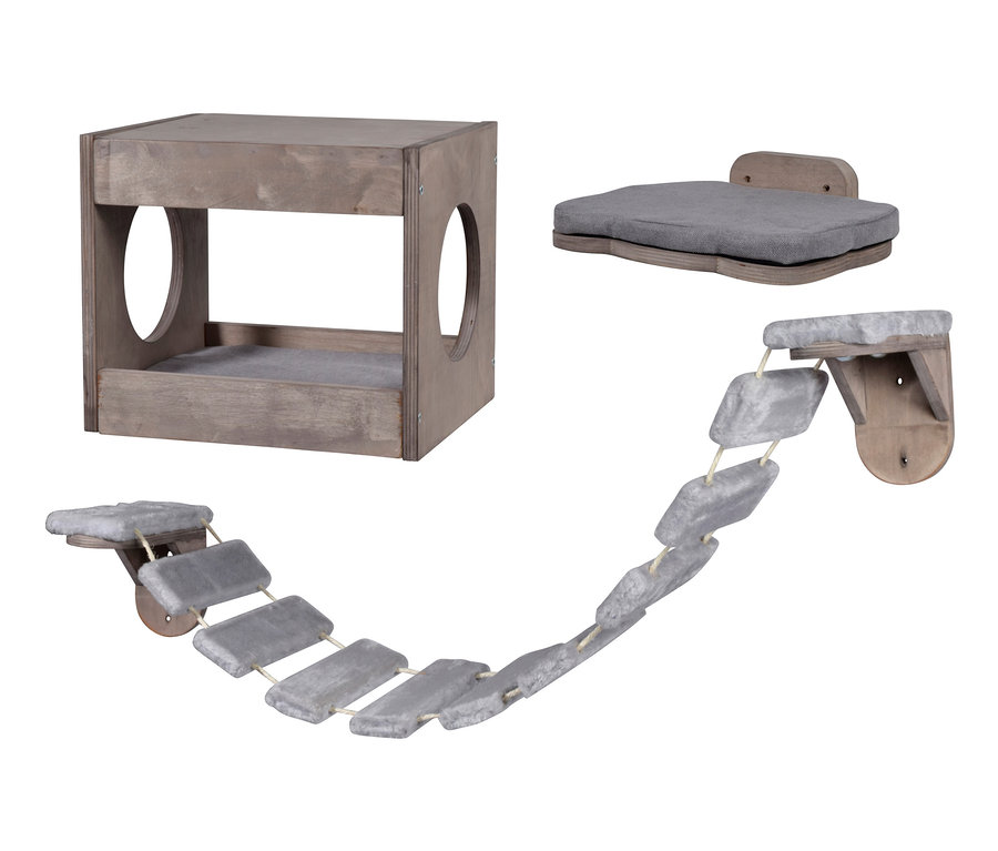 Katzenmöbel-Set: Haus, Bett und Brücke.