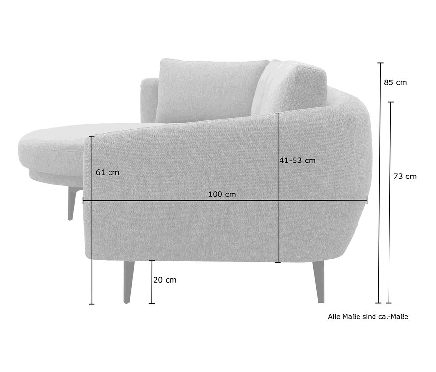 Die Maße eines grauen Sofas sind mit Linien und Zahlen dargestellt.