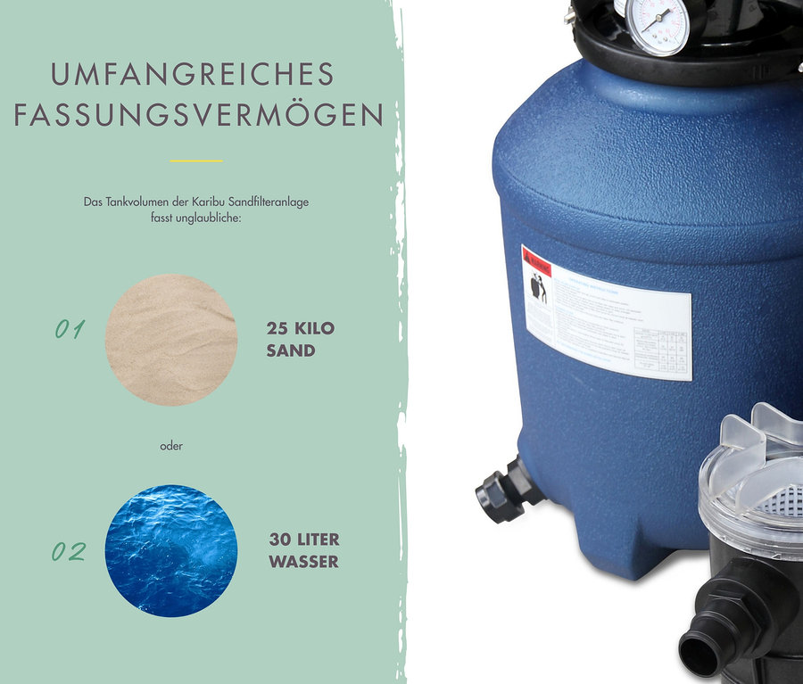 Nahaufnahme einer Karibu Pool-Sandfilteranlage, ca. 6,5 m³/Std., mit blauem Filterbehälter, grauem Schlauch und schwarzem Motor.