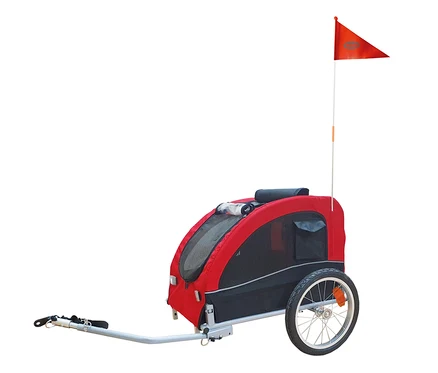 Ein roter und schwarzer Hunde-Fahrradanhänger »SENLIMA«, Gr. M mit einer orangefarbenen Flagge.